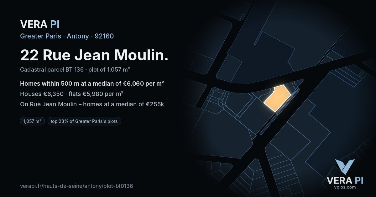 22 Rue Jean Moulin, Antony at night – the plot lit, the parcels around coloured by the prices near them