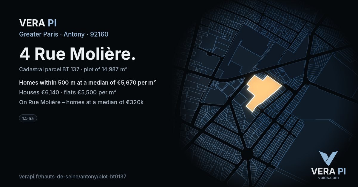 4 Rue Molière, Antony at night – the plot lit, the parcels around coloured by the prices near them