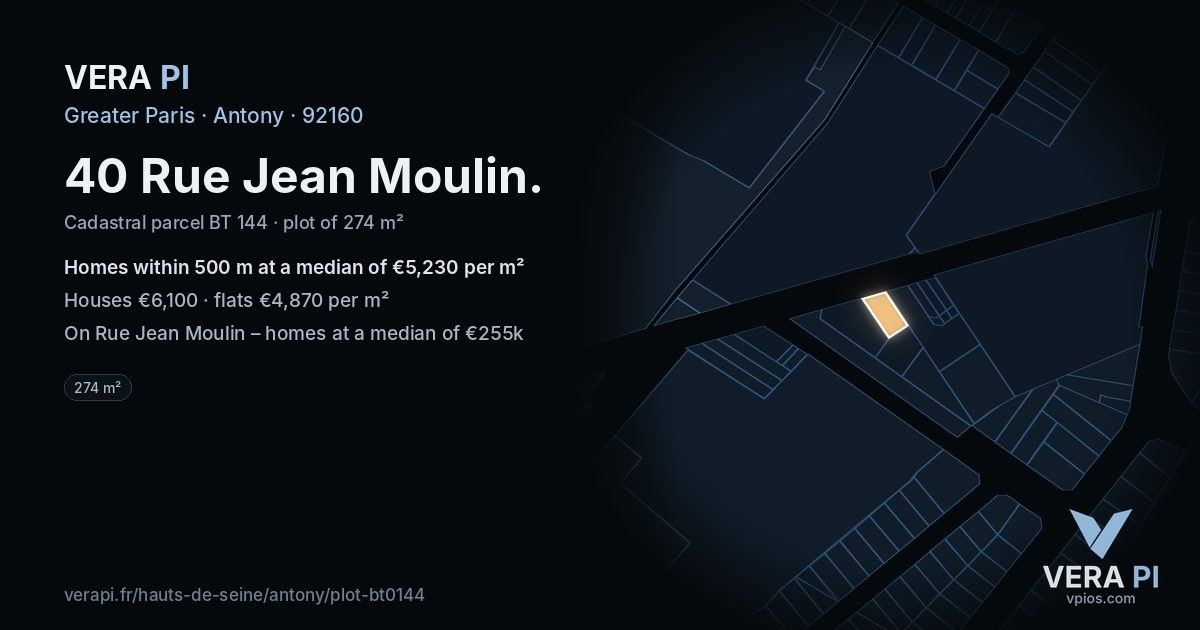 40 Rue Jean Moulin, Antony at night – the plot lit, the parcels around coloured by the prices near them