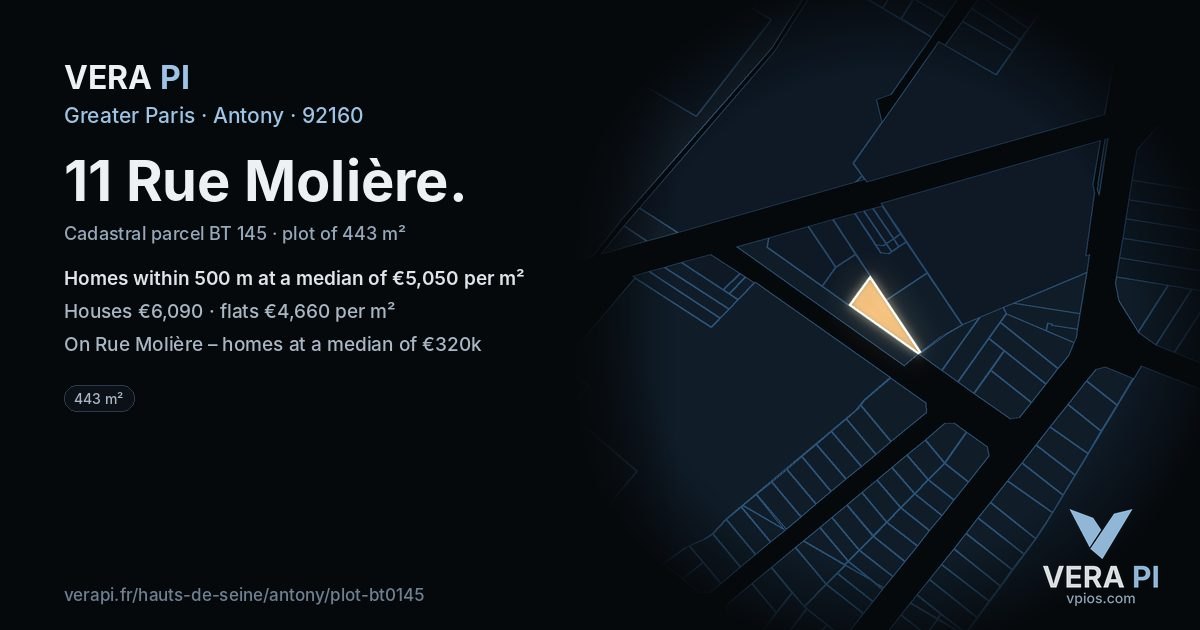 11 Rue Molière, Antony at night – the plot lit, the parcels around coloured by the prices near them