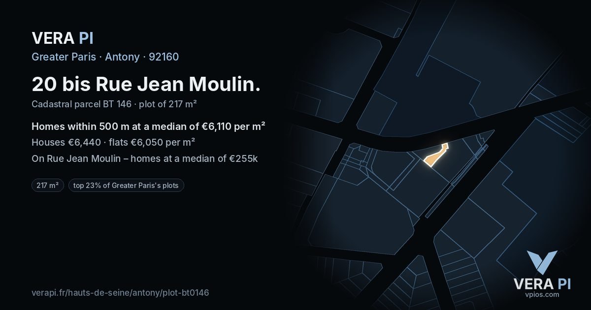 20 bis Rue Jean Moulin, Antony at night – the plot lit, the parcels around coloured by the prices near them