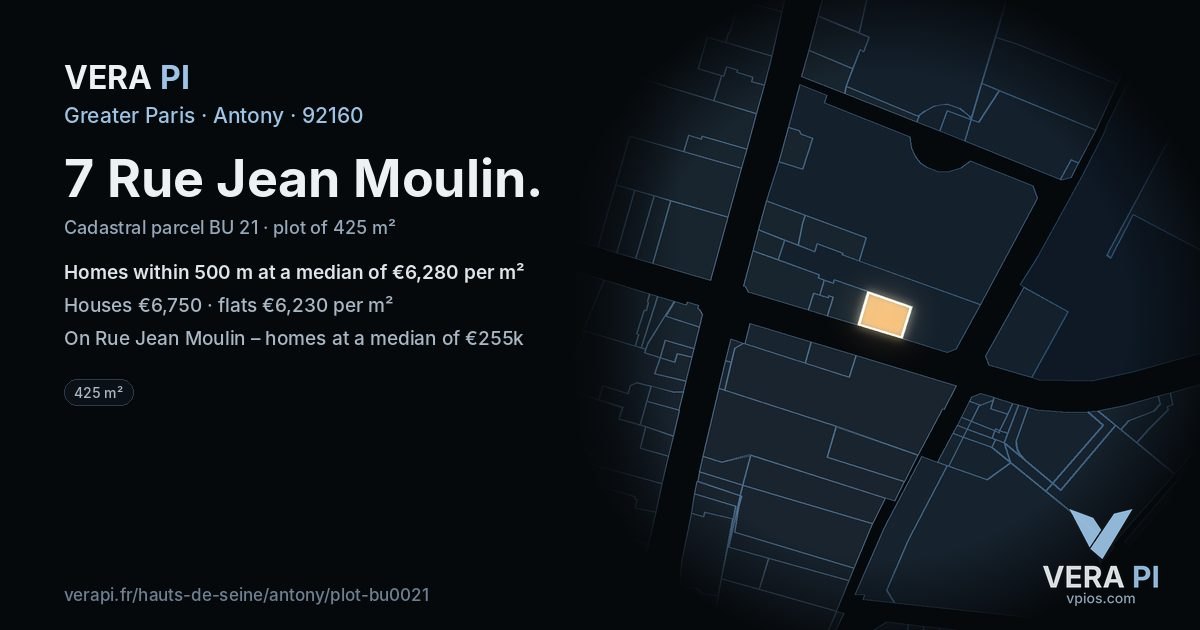 7 Rue Jean Moulin, Antony at night – the plot lit, the parcels around coloured by the prices near them