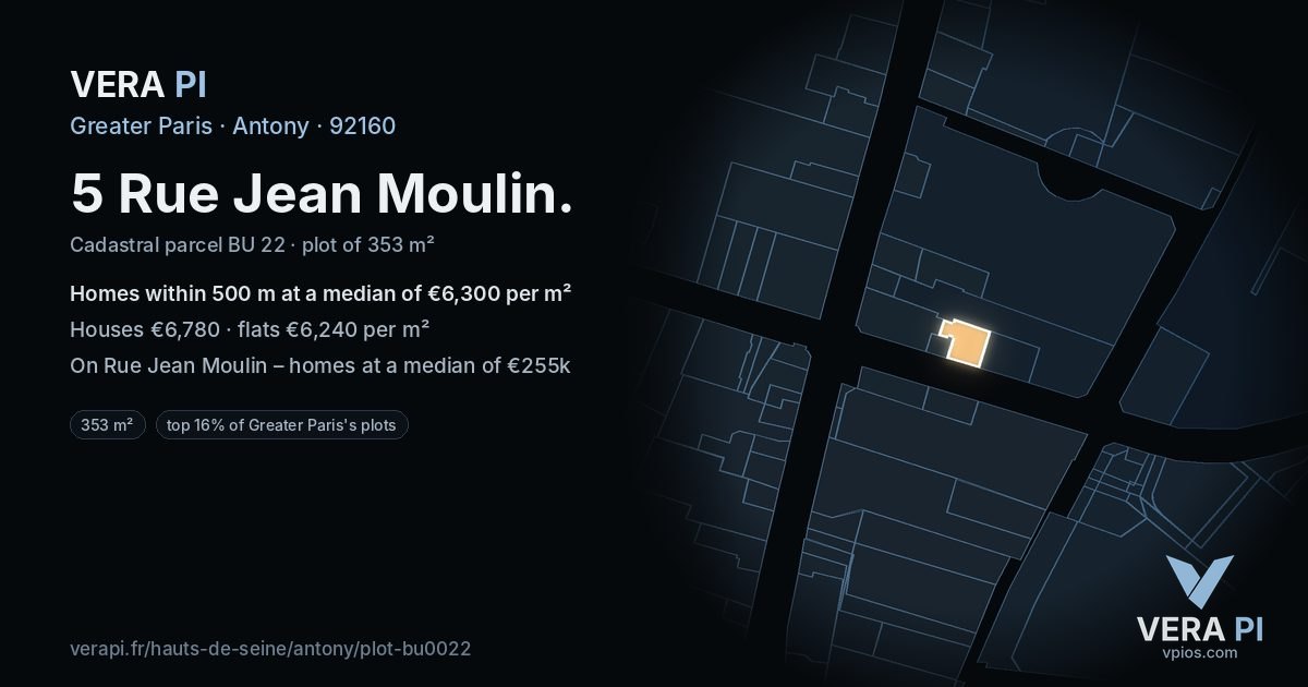 5 Rue Jean Moulin, Antony at night – the plot lit, the parcels around coloured by the prices near them