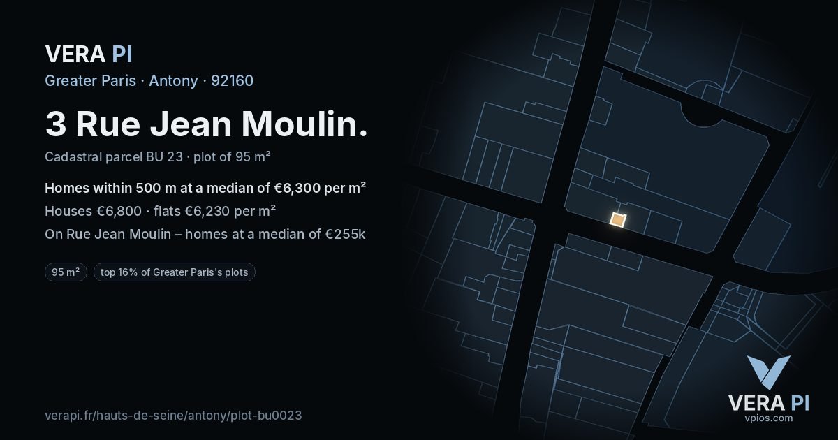 3 Rue Jean Moulin, Antony at night – the plot lit, the parcels around coloured by the prices near them