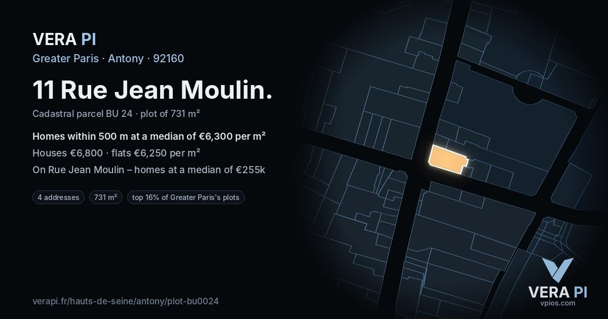 11 Rue Jean Moulin, Antony at night – the plot lit, the parcels around coloured by the prices near them