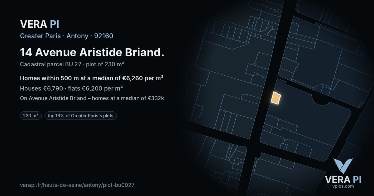 14 Avenue Aristide Briand, Antony at night – the plot lit, the parcels around coloured by the prices near them