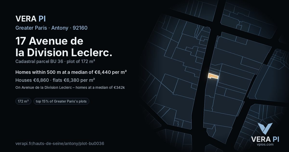 17 Avenue de la Division Leclerc, Antony at night – the plot lit, the parcels around coloured by the prices near them