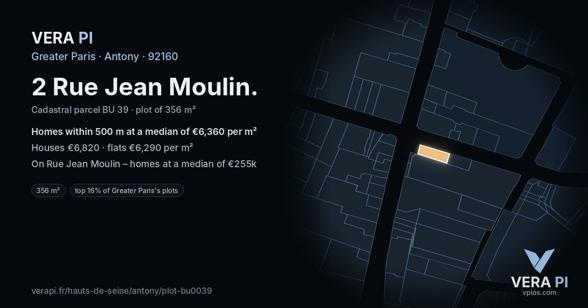 2 Rue Jean Moulin, Antony at night – the plot lit, the parcels around coloured by the prices near them