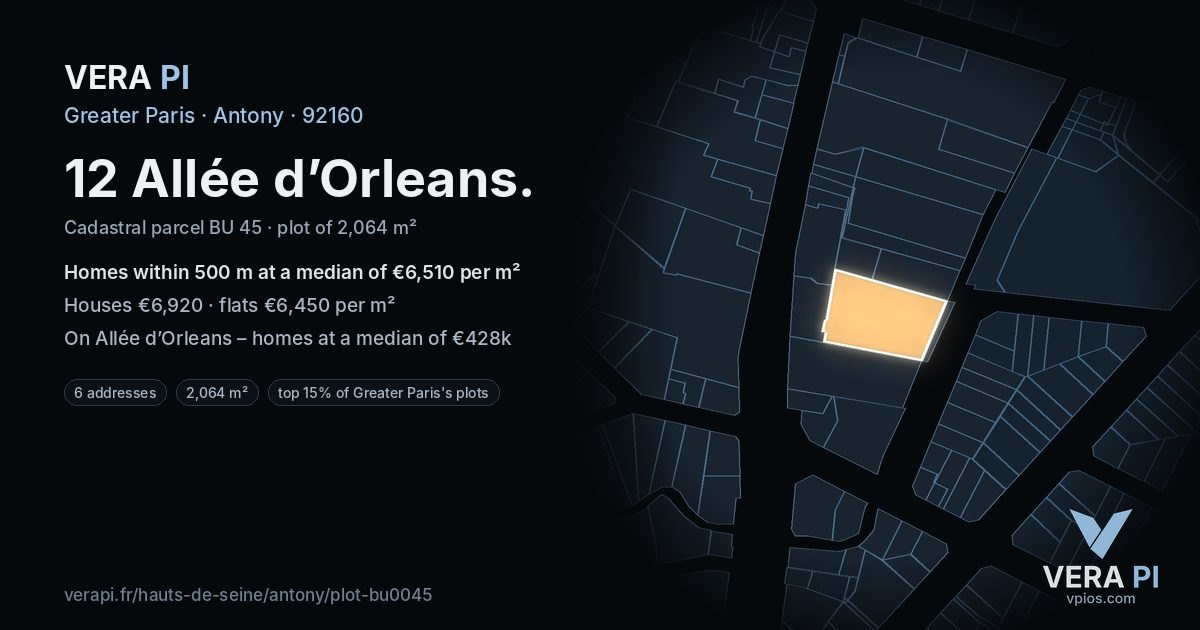 12 Allée d’Orleans, Antony at night – the plot lit, the parcels around coloured by the prices near them