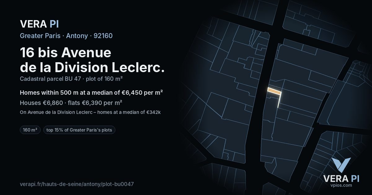 16 bis Avenue de la Division Leclerc, Antony at night – the plot lit, the parcels around coloured by the prices near them