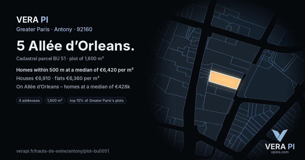 5 Allée d’Orleans, Antony at night – the plot lit, the parcels around coloured by the prices near them