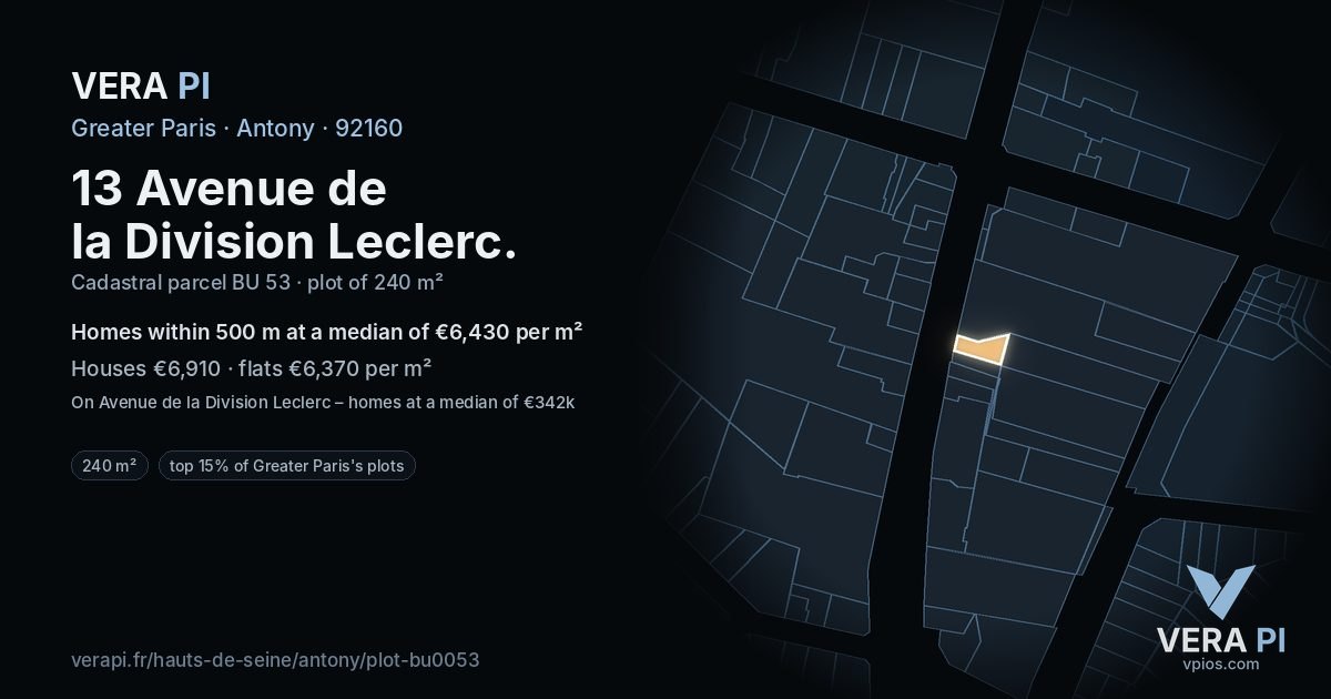 13 Avenue de la Division Leclerc, Antony at night – the plot lit, the parcels around coloured by the prices near them