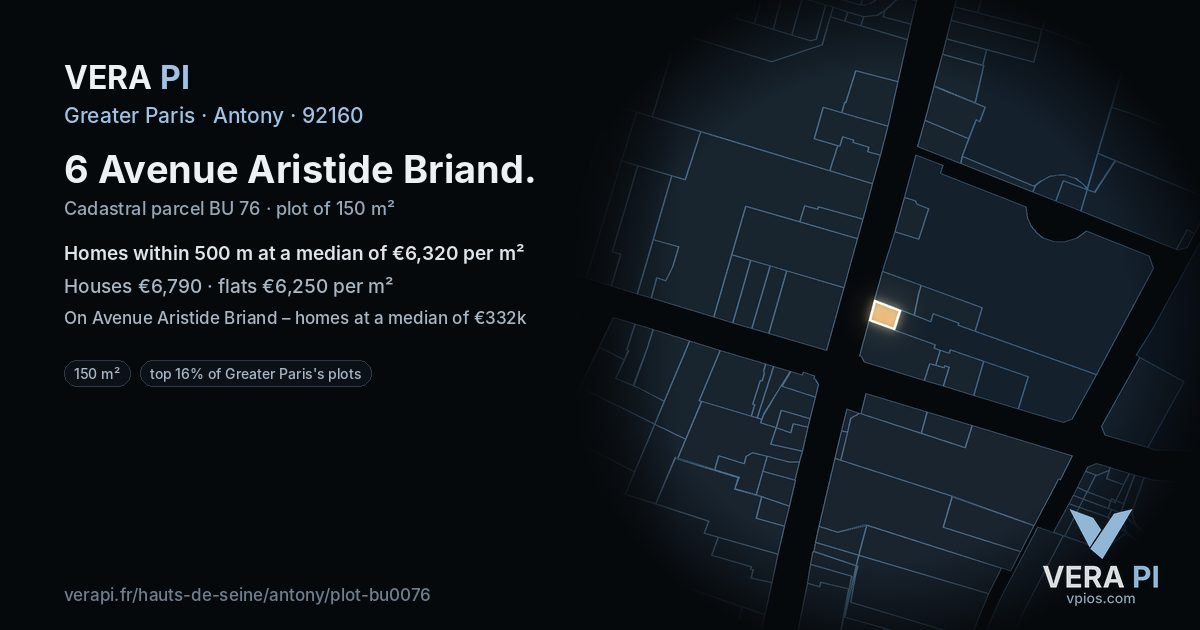 6 Avenue Aristide Briand, Antony at night – the plot lit, the parcels around coloured by the prices near them