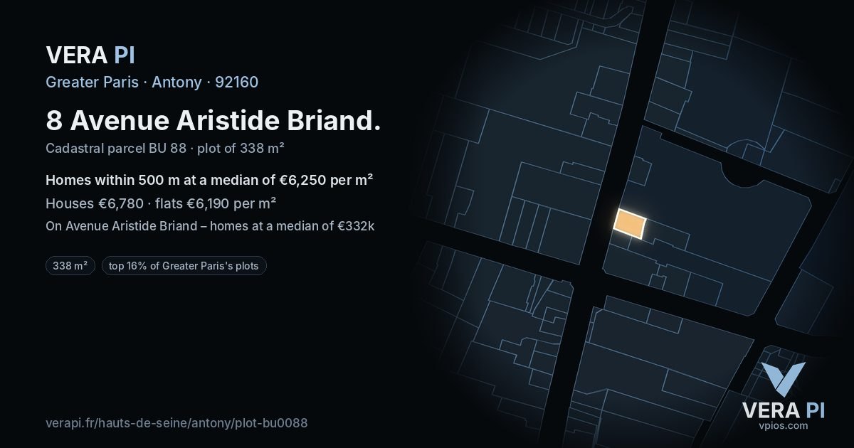 8 Avenue Aristide Briand, Antony at night – the plot lit, the parcels around coloured by the prices near them