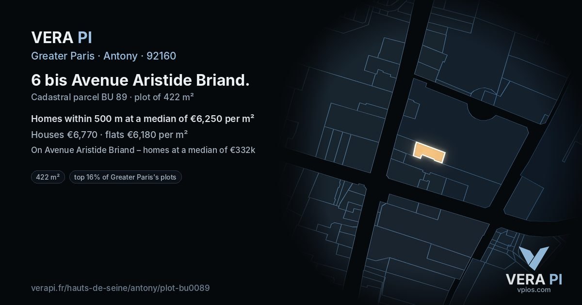 6 bis Avenue Aristide Briand, Antony at night – the plot lit, the parcels around coloured by the prices near them