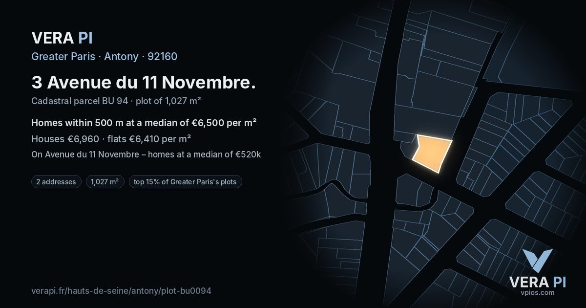 3 Avenue du 11 Novembre, Antony at night – the plot lit, the parcels around coloured by the prices near them