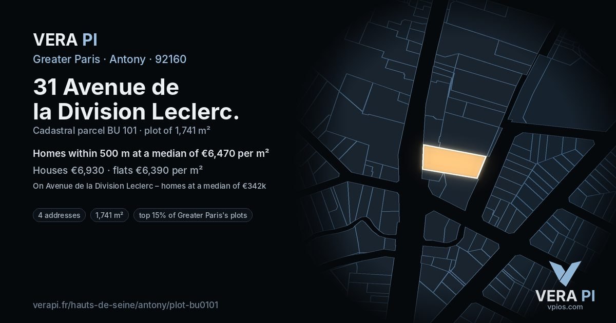 31 Avenue de la Division Leclerc, Antony at night – the plot lit, the parcels around coloured by the prices near them