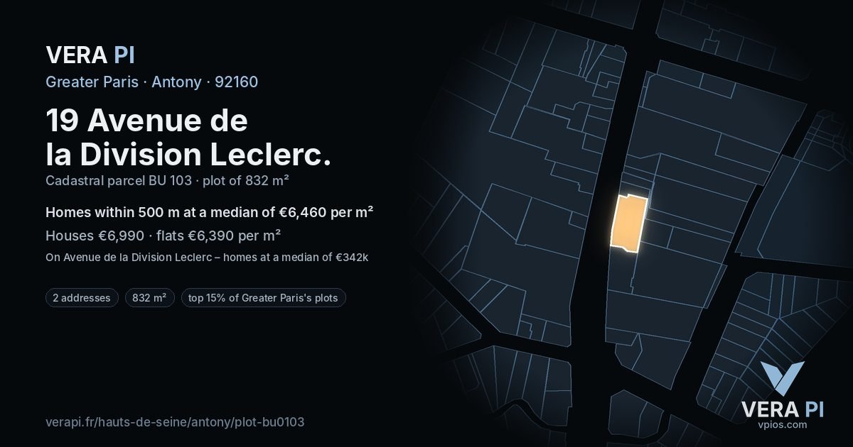 19 Avenue de la Division Leclerc, Antony at night – the plot lit, the parcels around coloured by the prices near them
