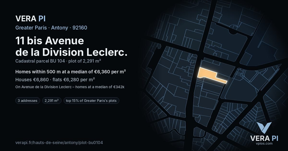 11 bis Avenue de la Division Leclerc, Antony at night – the plot lit, the parcels around coloured by the prices near them