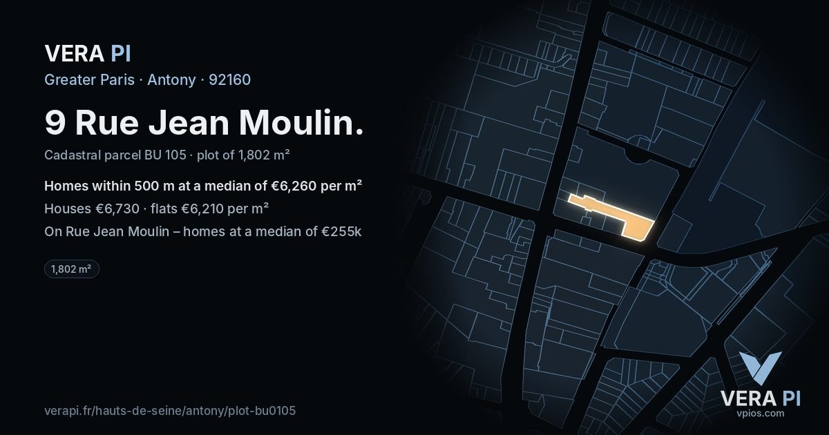 9 Rue Jean Moulin, Antony at night – the plot lit, the parcels around coloured by the prices near them