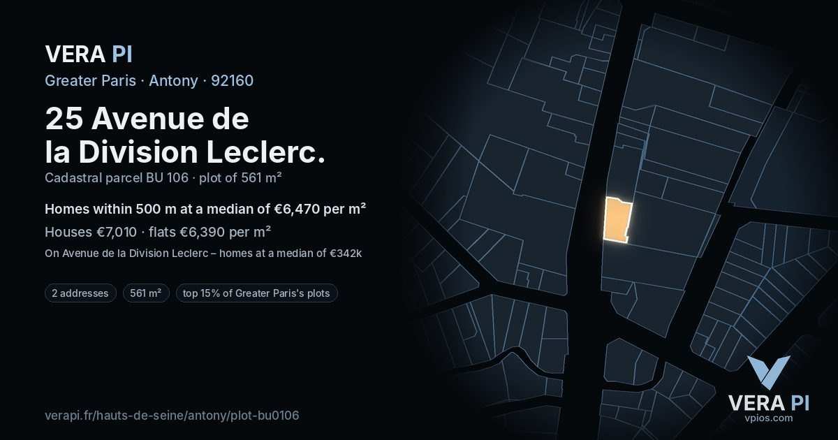 25 Avenue de la Division Leclerc, Antony at night – the plot lit, the parcels around coloured by the prices near them