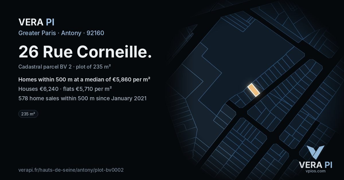 26 Rue Corneille, Antony at night – the plot lit, the parcels around coloured by the prices near them