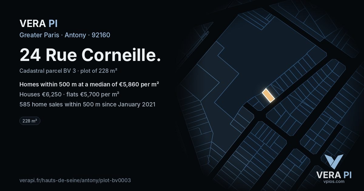24 Rue Corneille, Antony at night – the plot lit, the parcels around coloured by the prices near them