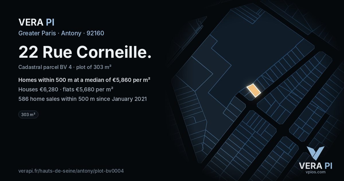 22 Rue Corneille, Antony at night – the plot lit, the parcels around coloured by the prices near them