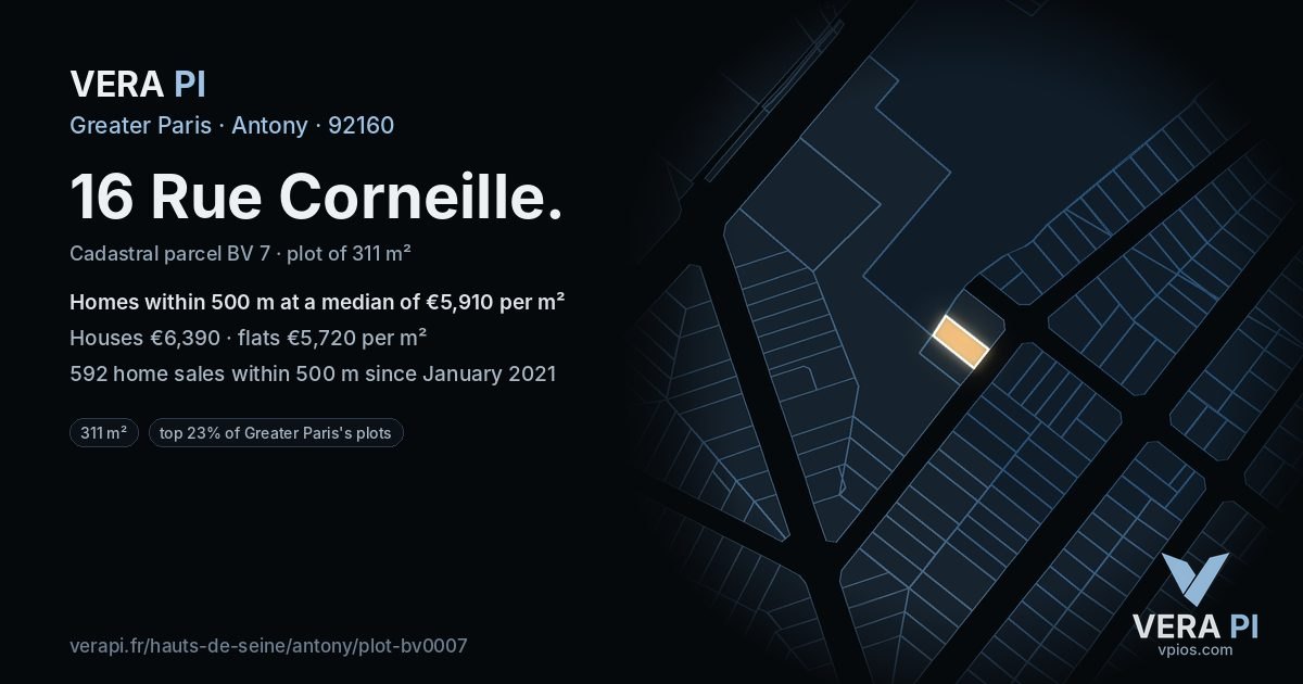 16 Rue Corneille, Antony at night – the plot lit, the parcels around coloured by the prices near them