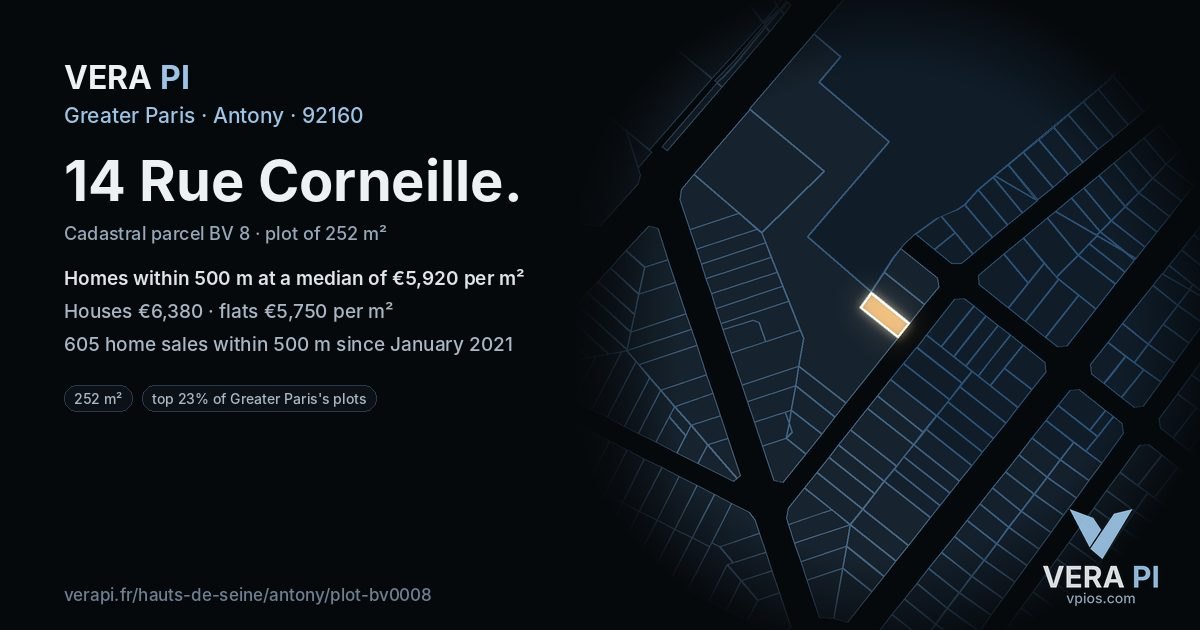 14 Rue Corneille, Antony at night – the plot lit, the parcels around coloured by the prices near them