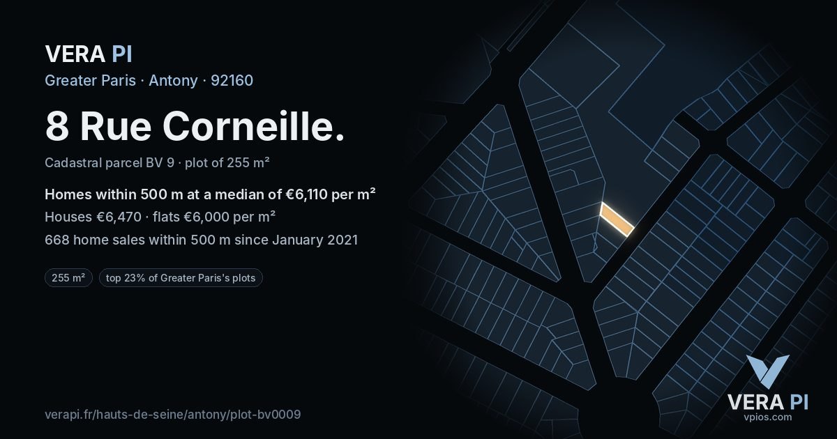 8 Rue Corneille, Antony at night – the plot lit, the parcels around coloured by the prices near them
