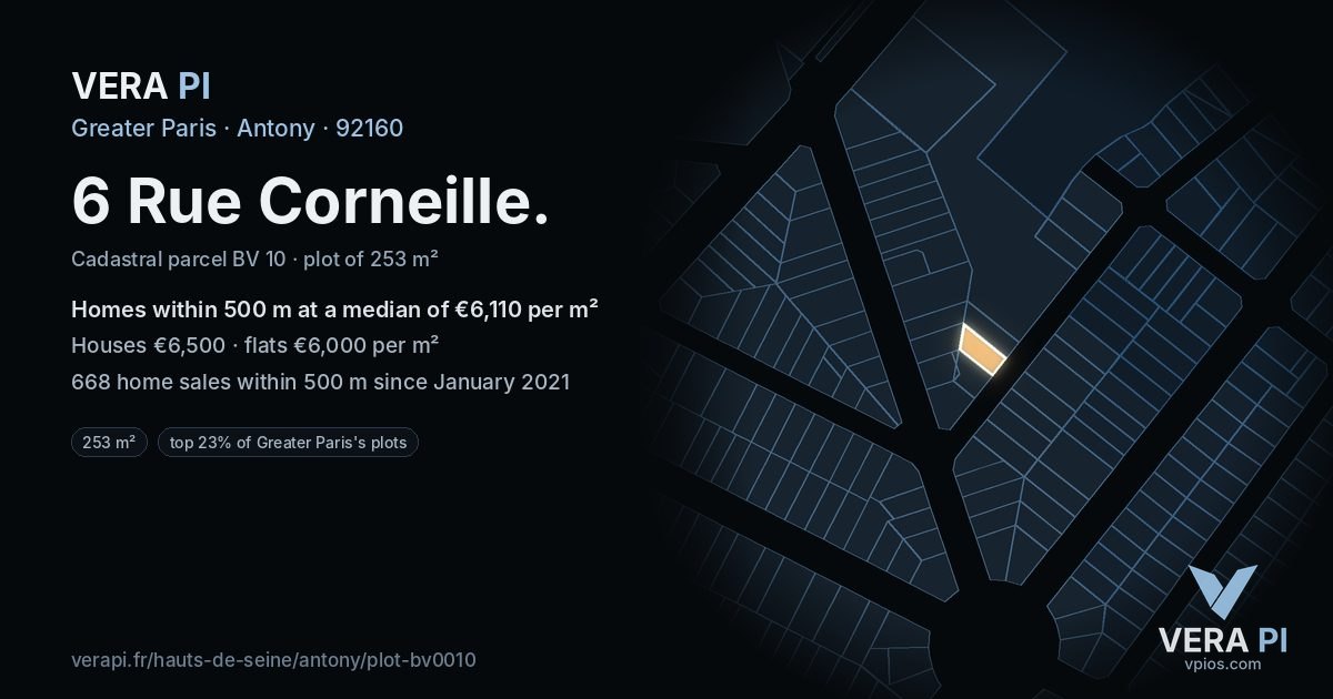 6 Rue Corneille, Antony at night – the plot lit, the parcels around coloured by the prices near them