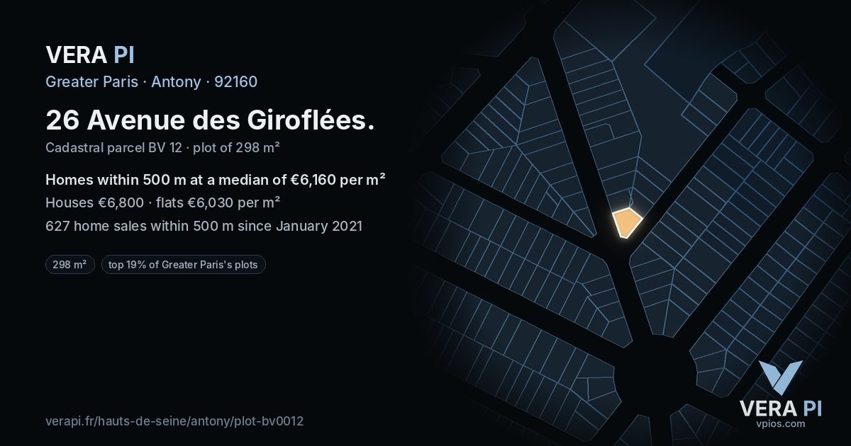 26 Avenue des Giroflées, Antony at night – the plot lit, the parcels around coloured by the prices near them