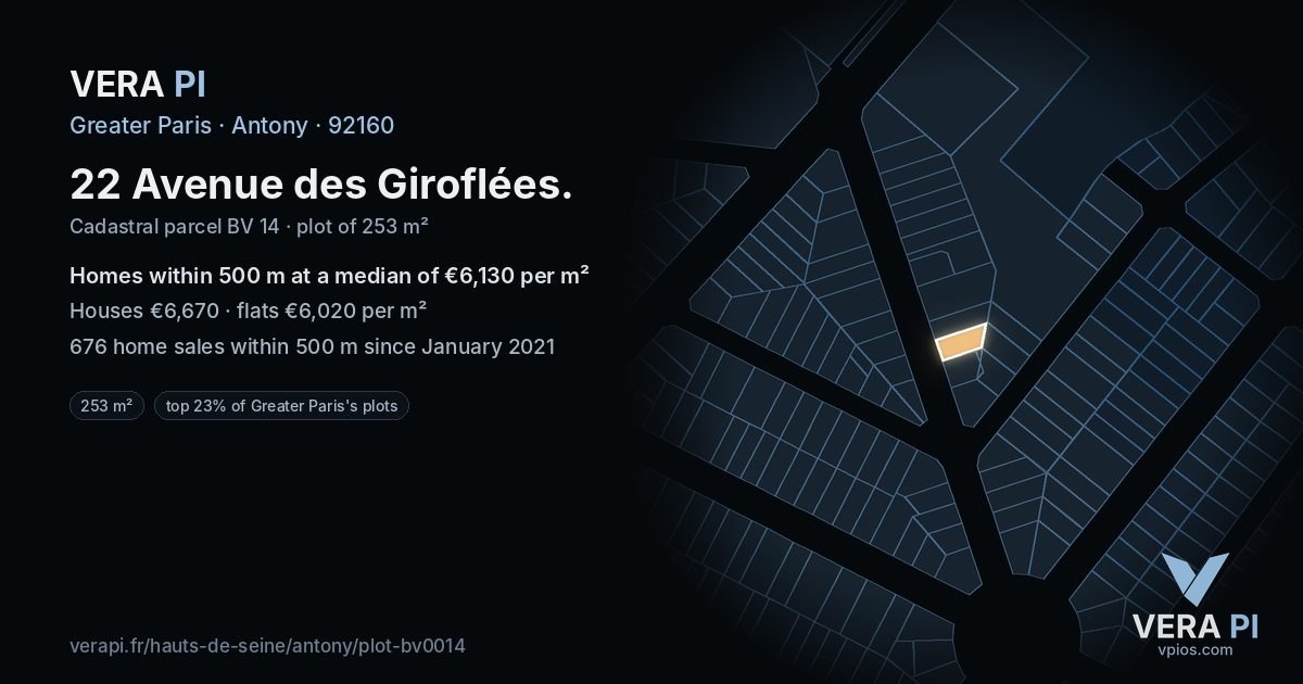 22 Avenue des Giroflées, Antony at night – the plot lit, the parcels around coloured by the prices near them