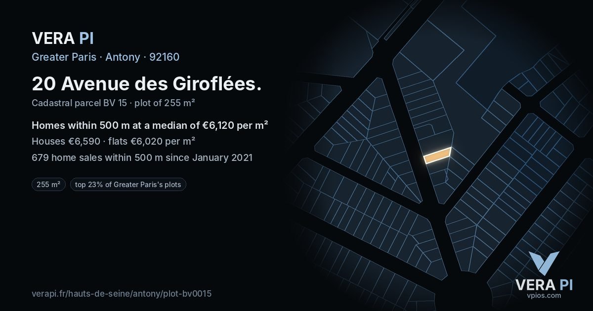 20 Avenue des Giroflées, Antony at night – the plot lit, the parcels around coloured by the prices near them
