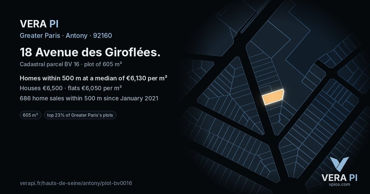 18 Avenue des Giroflées, Antony at night – the plot lit, the parcels around coloured by the prices near them
