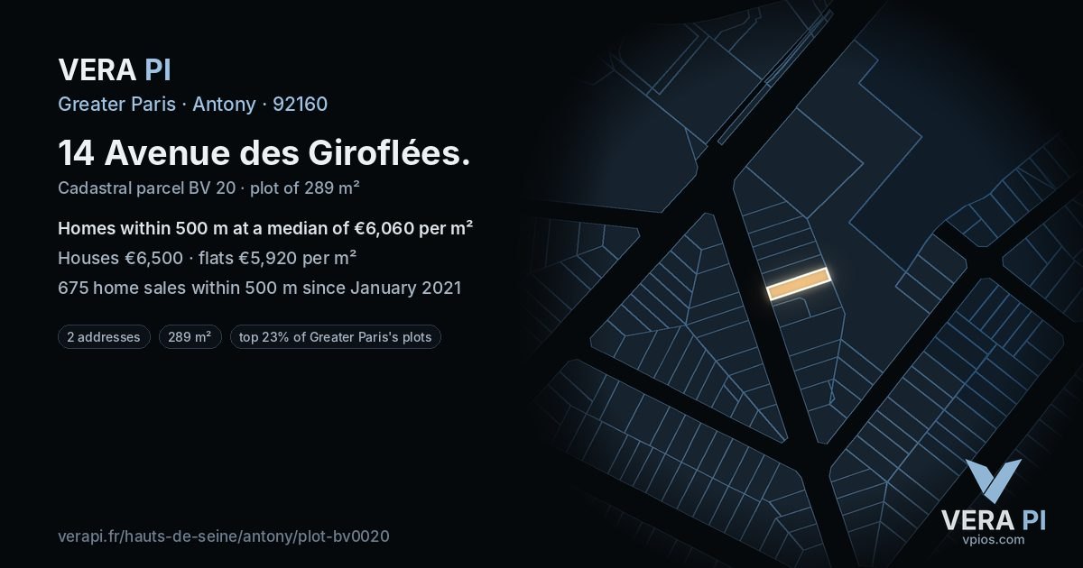 14 Avenue des Giroflées, Antony at night – the plot lit, the parcels around coloured by the prices near them