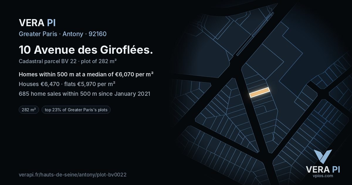 10 Avenue des Giroflées, Antony at night – the plot lit, the parcels around coloured by the prices near them