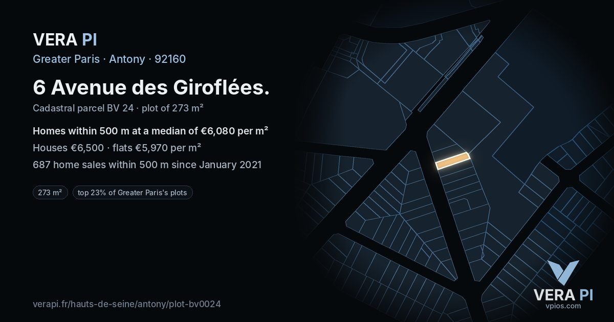 6 Avenue des Giroflées, Antony at night – the plot lit, the parcels around coloured by the prices near them