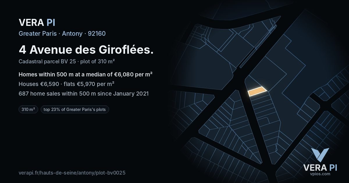 4 Avenue des Giroflées, Antony at night – the plot lit, the parcels around coloured by the prices near them