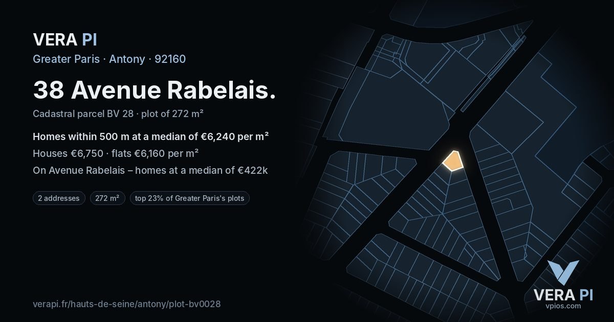 38 Avenue Rabelais, Antony at night – the plot lit, the parcels around coloured by the prices near them