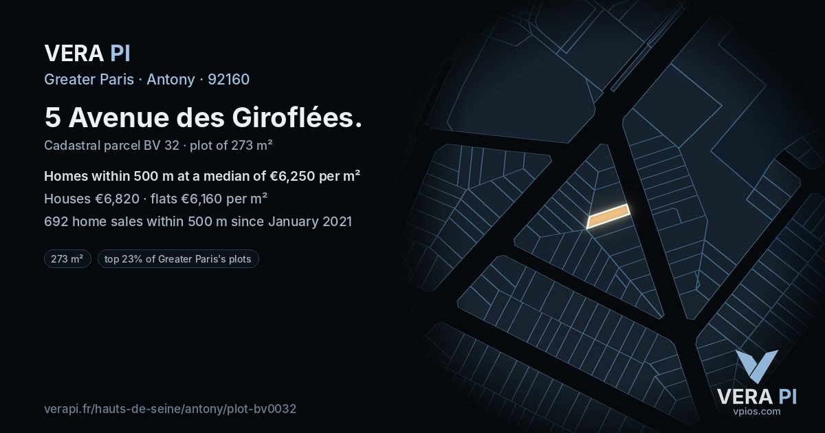5 Avenue des Giroflées, Antony at night – the plot lit, the parcels around coloured by the prices near them
