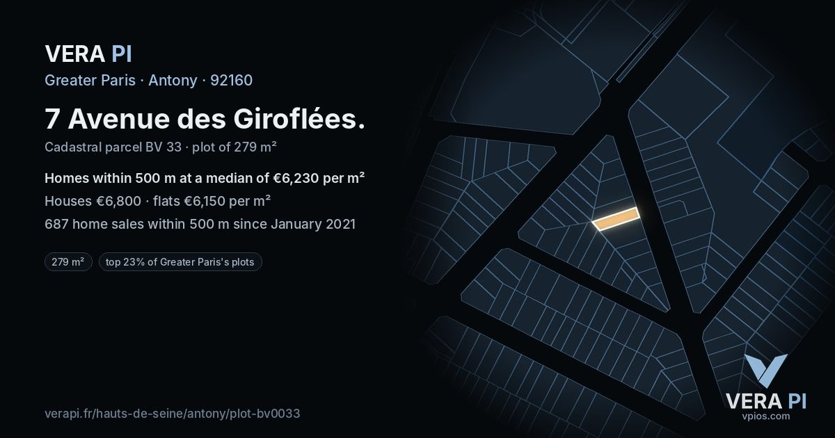 7 Avenue des Giroflées, Antony at night – the plot lit, the parcels around coloured by the prices near them