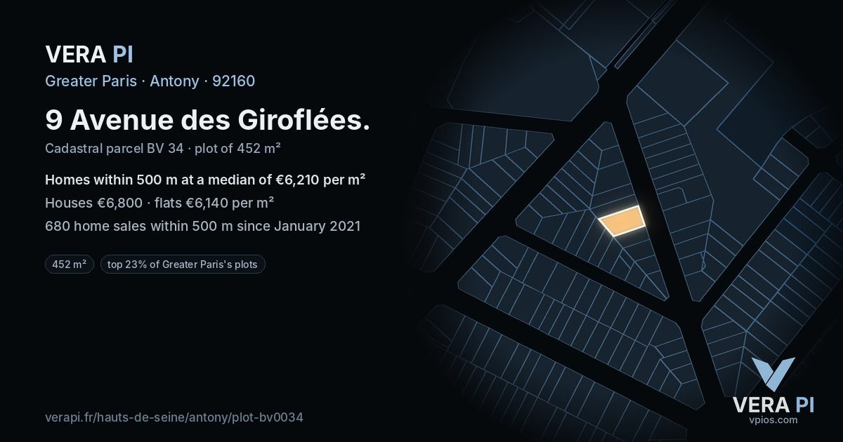 9 Avenue des Giroflées, Antony at night – the plot lit, the parcels around coloured by the prices near them