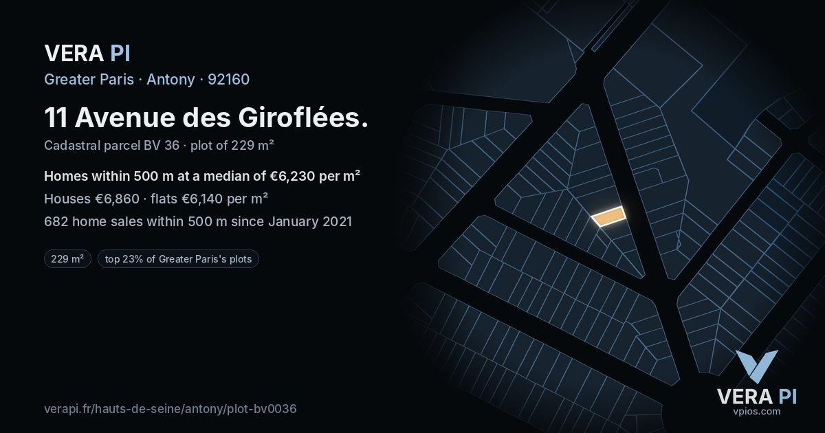 11 Avenue des Giroflées, Antony at night – the plot lit, the parcels around coloured by the prices near them