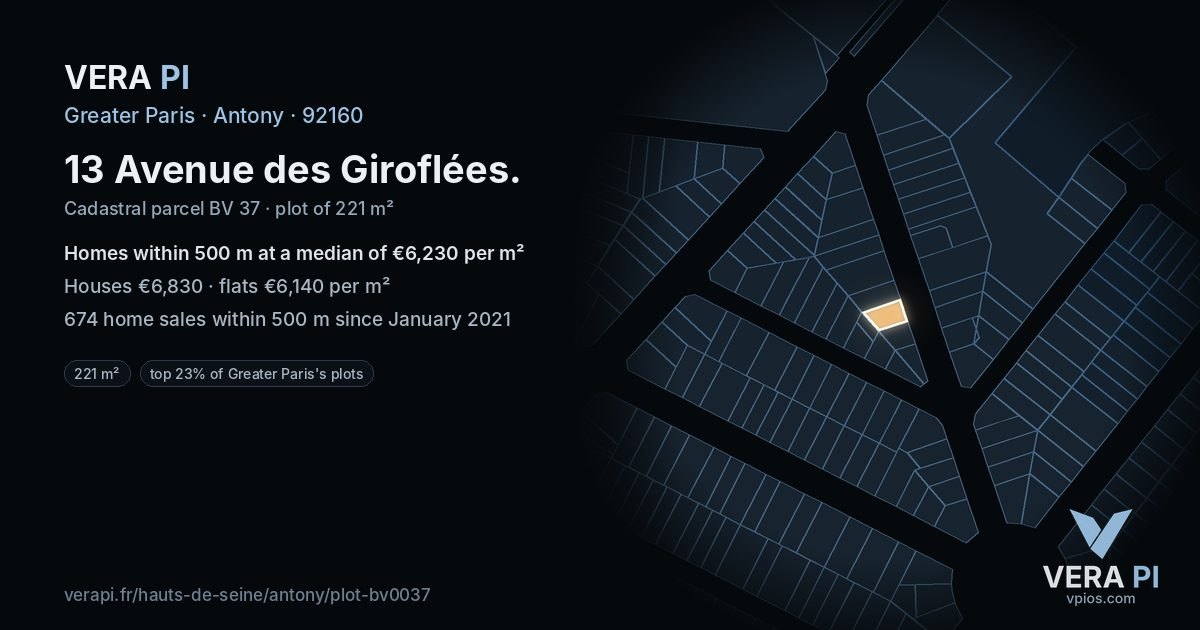 13 Avenue des Giroflées, Antony at night – the plot lit, the parcels around coloured by the prices near them