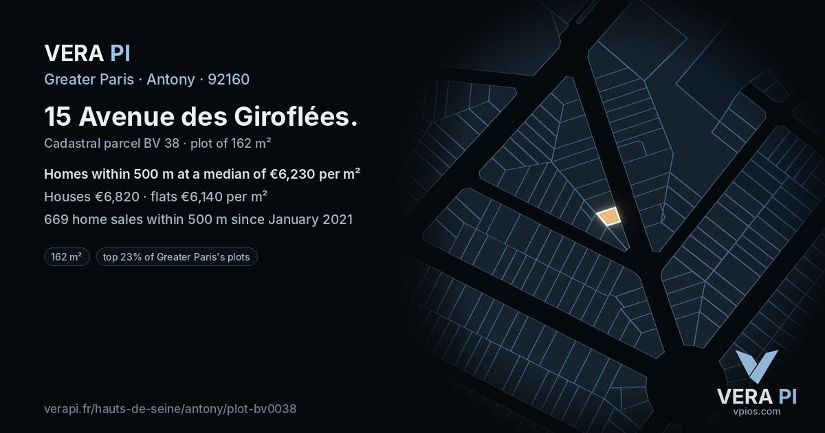 15 Avenue des Giroflées, Antony at night – the plot lit, the parcels around coloured by the prices near them