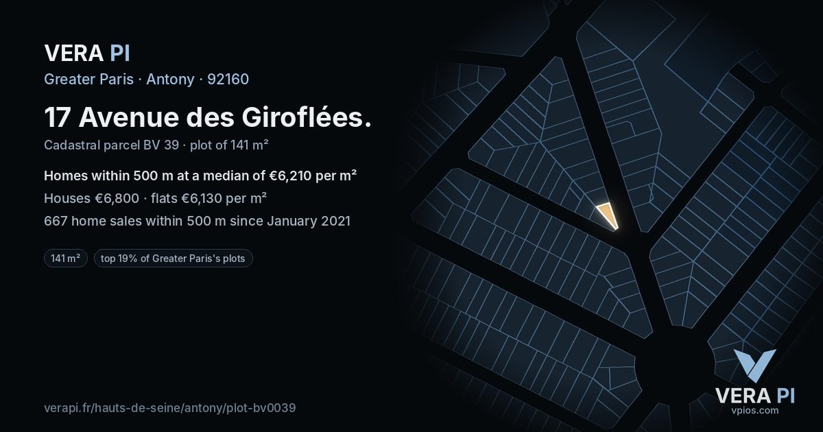 17 Avenue des Giroflées, Antony at night – the plot lit, the parcels around coloured by the prices near them