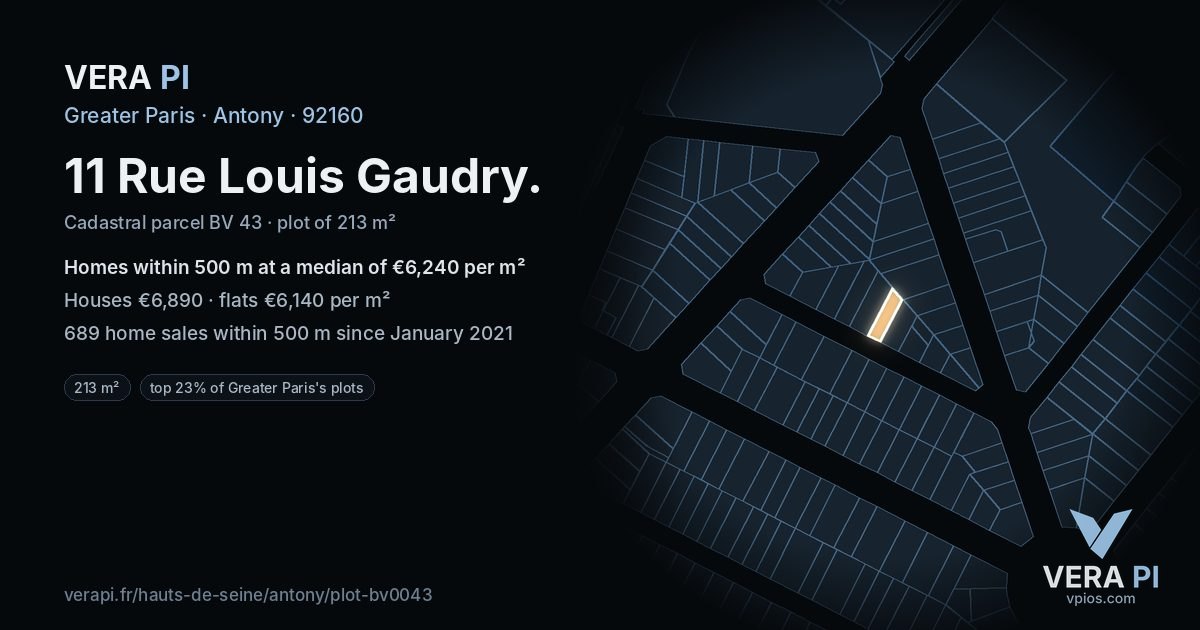 11 Rue Louis Gaudry, Antony at night – the plot lit, the parcels around coloured by the prices near them