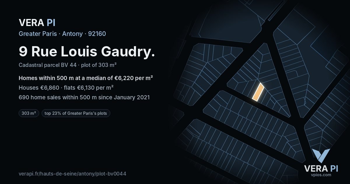 9 Rue Louis Gaudry, Antony at night – the plot lit, the parcels around coloured by the prices near them